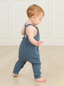 RuffleButts + RuggedButts® Steel Blue Gauze Overall Jumpsuit