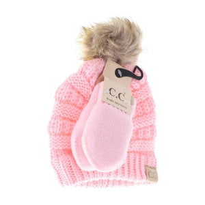 C.C Beanie Solid Knit Faux Fur Pom Beanie & Mitten Set