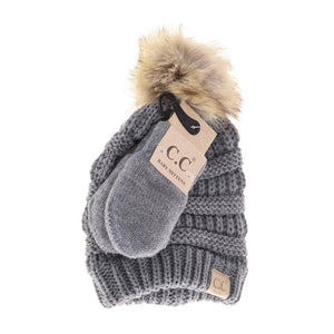 C.C Beanie Solid Knit Faux Fur Pom Beanie & Mitten Set