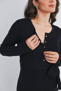 Ribbed Button Front Belted Maternity Midi Dress