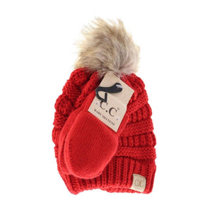 C.C Beanie Solid Knit Faux Fur Pom Beanie & Mitten Set