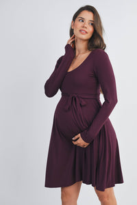 Scoop Neck Long Sleeve Maternity Waist Tie Dress