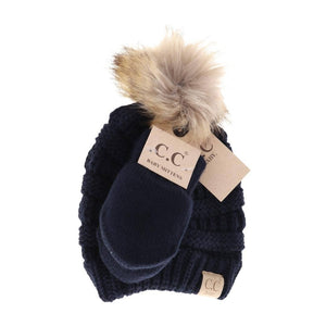 C.C Beanie Solid Knit Faux Fur Pom Beanie & Mitten Set