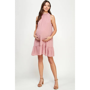 Mock Neck Swiss Dot Ruffled Maternity Dress