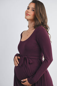 Scoop Neck Long Sleeve Maternity Waist Tie Dress
