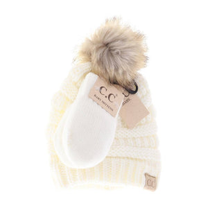 C.C Beanie Solid Knit Faux Fur Pom Beanie & Mitten Set