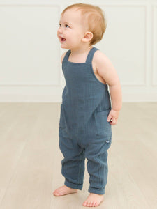 RuffleButts + RuggedButts® Steel Blue Gauze Overall Jumpsuit