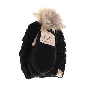 C.C Beanie Solid Knit Faux Fur Pom Beanie & Mitten Set