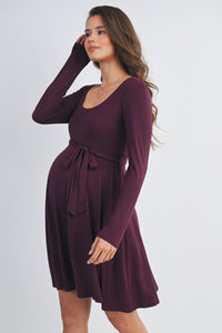 Scoop Neck Long Sleeve Maternity Waist Tie Dress
