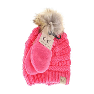 C.C Beanie Solid Knit Faux Fur Pom Beanie & Mitten Set